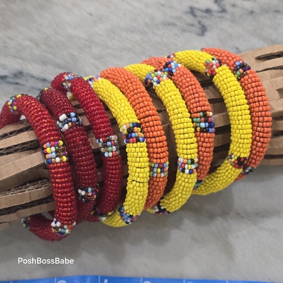 Set of 9 Handmade Maasai-Style Seed Bead Bangle Bracelets – Red, Yellow, Orange - Picture 6 of 11